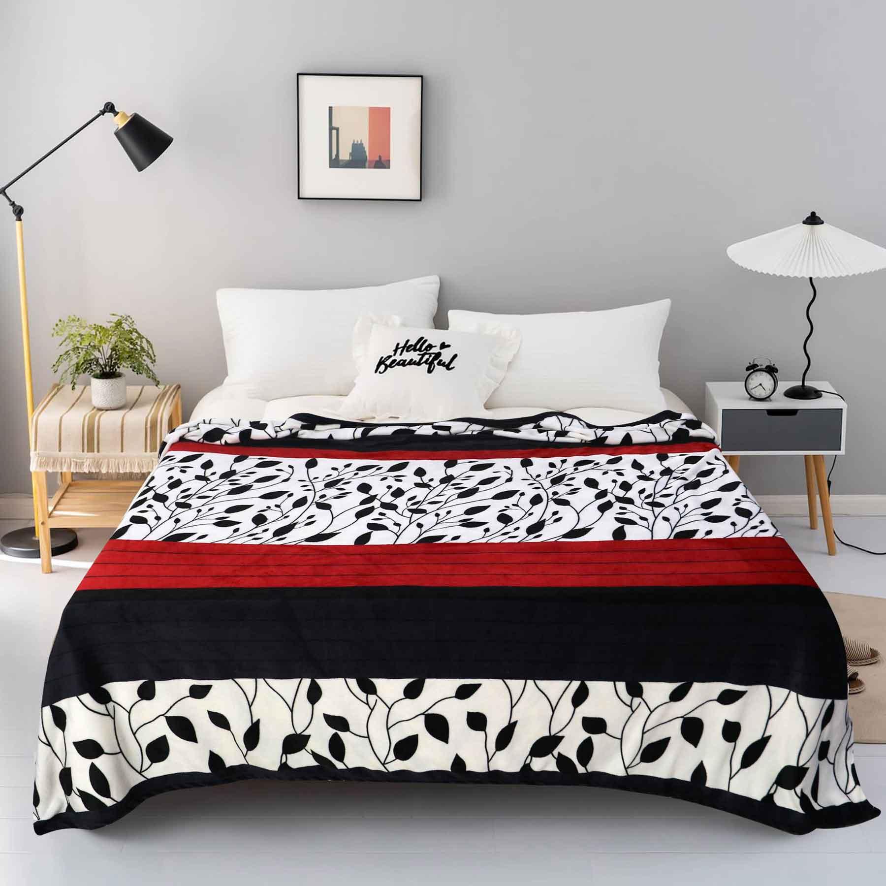 Black Red Leaves Printed AC Fleece Blanket