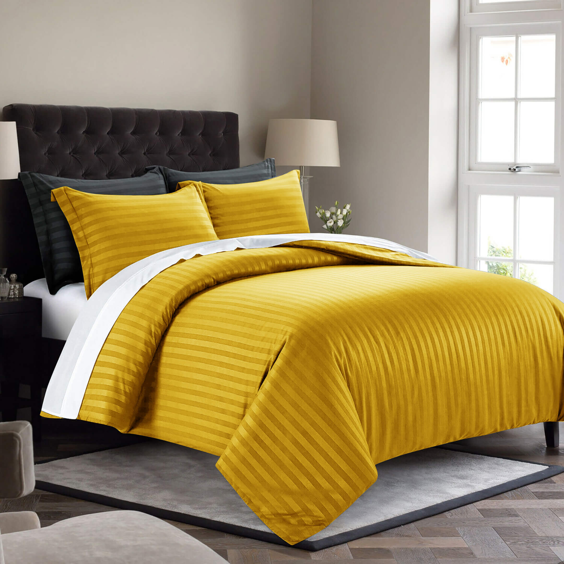 Solid Mustard Striped Satin Quilt Cover