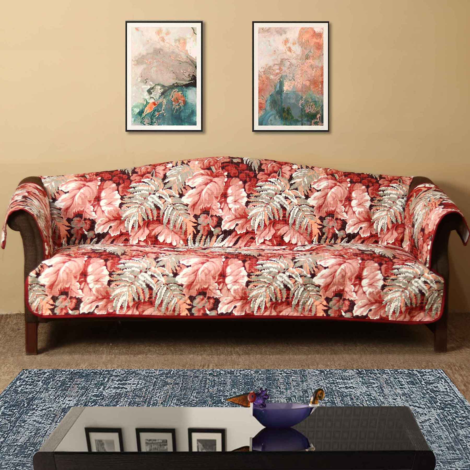 peachy monstera quilted sofa cover set