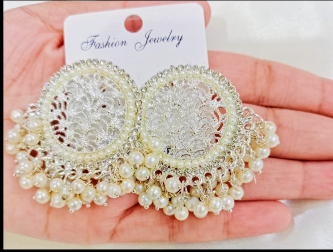 Silver Lace & Pearl Jhumka Earrings