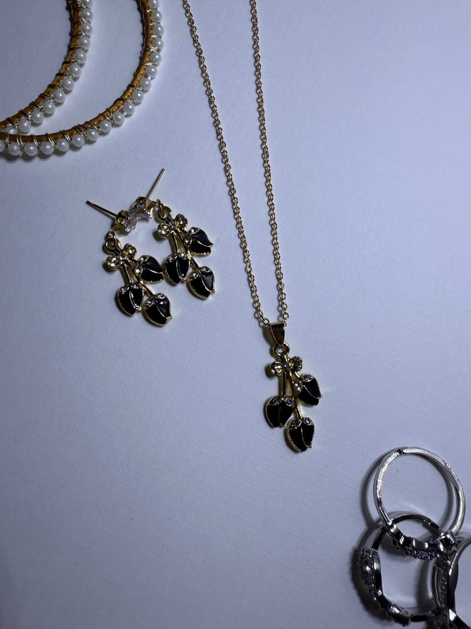 Cherries Enamel Pendant Necklace & Earrings Set - Gold Tone