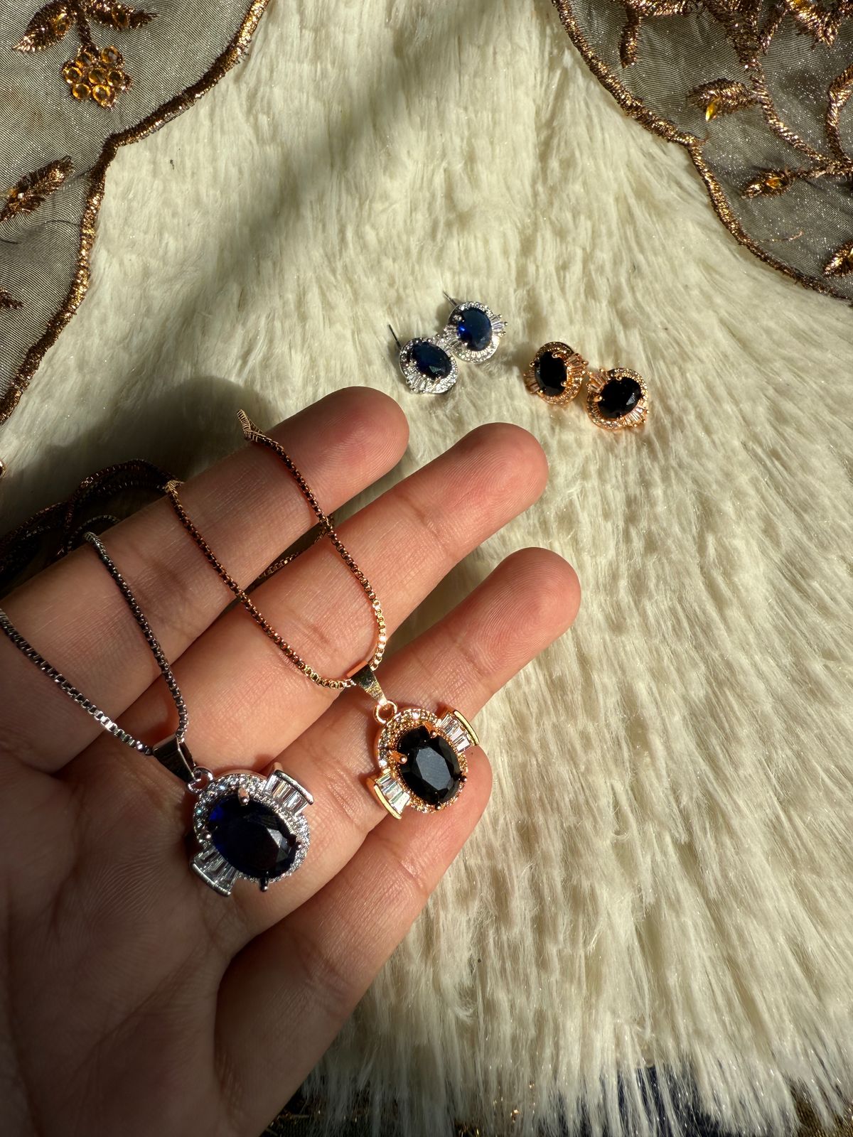 Sapphire and Diamond Pendant Necklaces & Stud Earrings Set - Silver & Rose Gold Tone